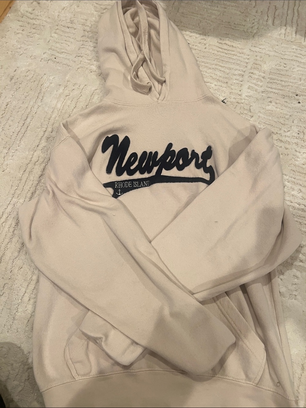 Newport Rhode Island Script Hoodie - Light Beige with navy Logo